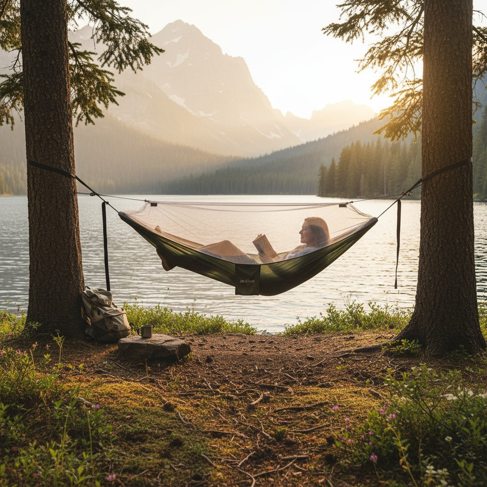  Person reading a book in a hammock by a lake with mountains in the background
