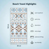 Beach towel with geometric pattern and features listed on a light blue background