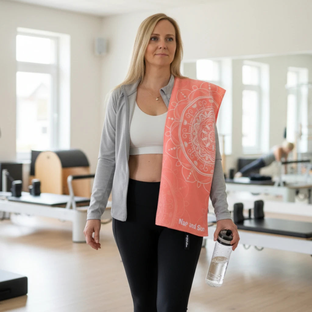 woman with a pink patterned pilates towel is walking in a pilates studio.
