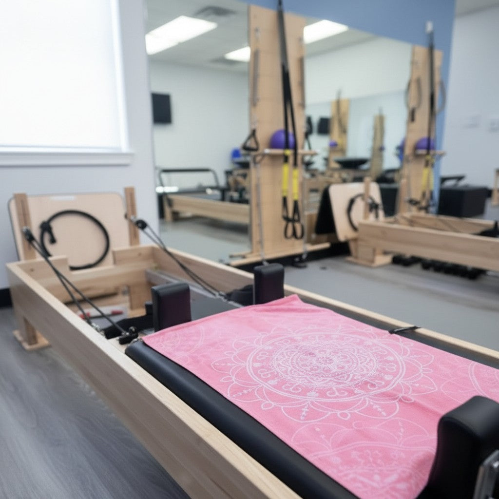 Pilates reformer machine with a pink towel.