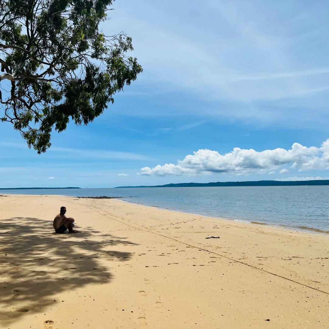 Person sitting on a sandy beach in Coochiemudlo Island with a tree and blue sky 
