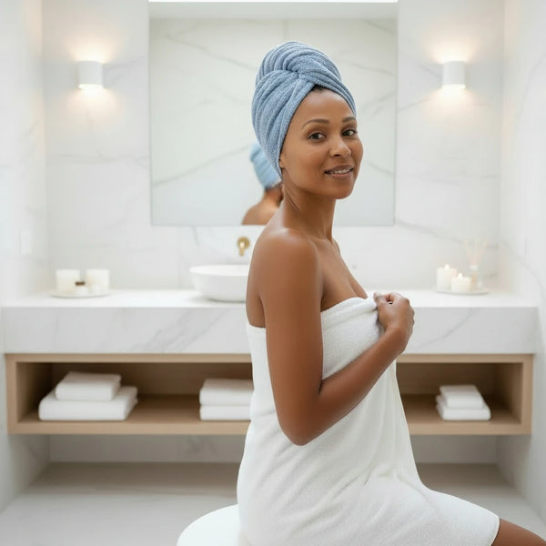 Woman wrapped in a towel with a blue towel on her head in a bathroom setting