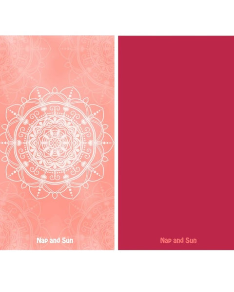Gym Towel with white mandala pattern on pink background, solid red color on the back