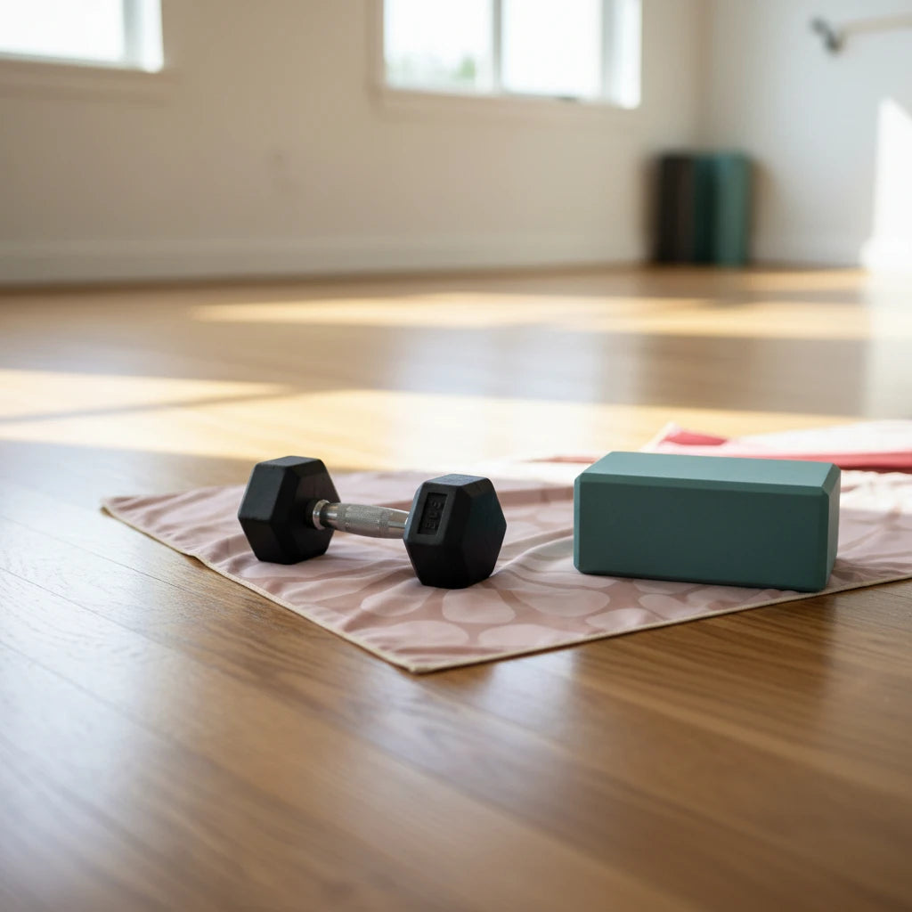 Floral gym towel with a dumbbell and yoga block on a wooden floor.