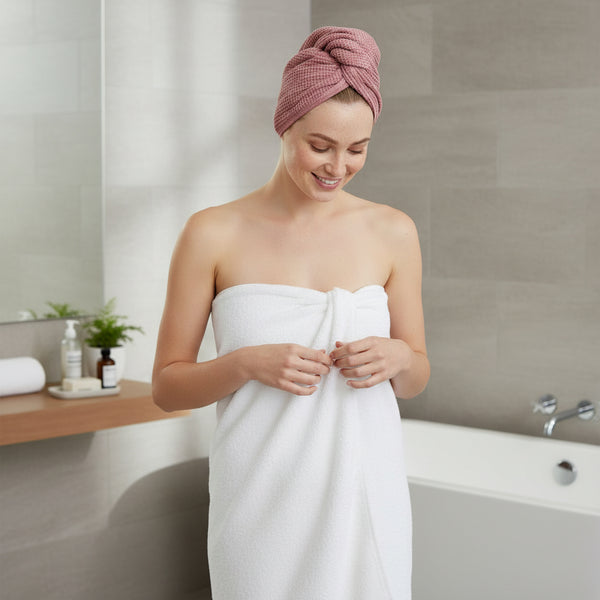 Woman in a bathroom with a pink towel on her head and a white towel wrapped around her, smiling.