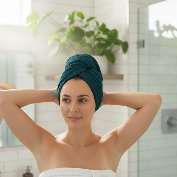 Woman with a teal towel wrapped around her head and shoulders in a bathroom.