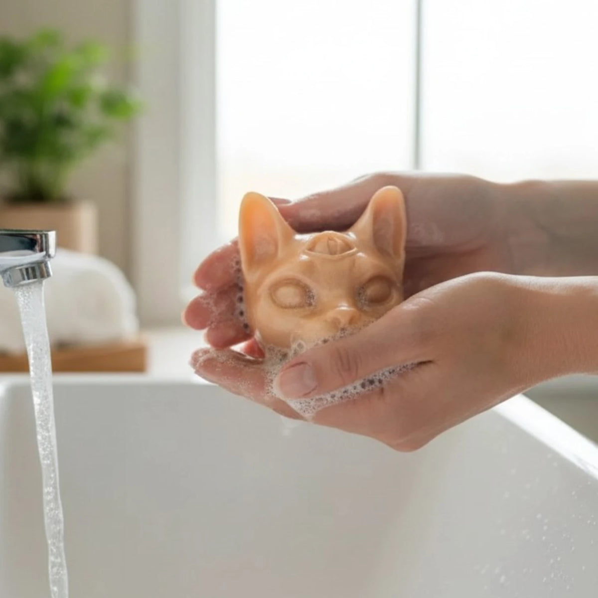 A person holds a small cat-shaped soap bar under running water in a sink, with soap lather around it and a softly blurred bathroom background.