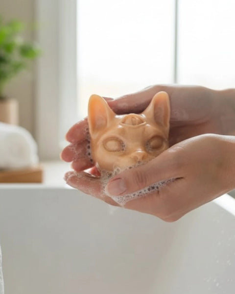 A person holds a small cat-shaped soap bar under running water in a sink, with soap lather around it and a softly blurred bathroom background.