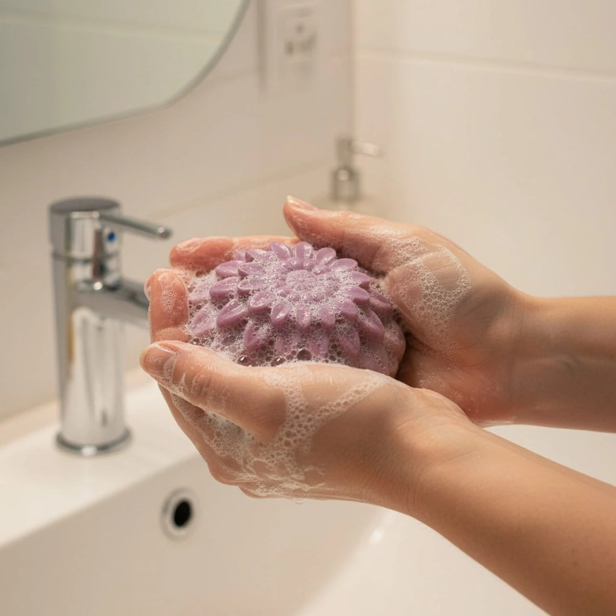 A person's hands lathered with white soap foam holding a textured, lavender-purple hand soap bar in a bathroom setting with a sink and faucet in the background.