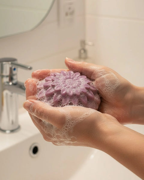 A person's hands lathered with white soap foam holding a textured, lavender-purple hand soap bar in a bathroom setting with a sink and faucet in the background.