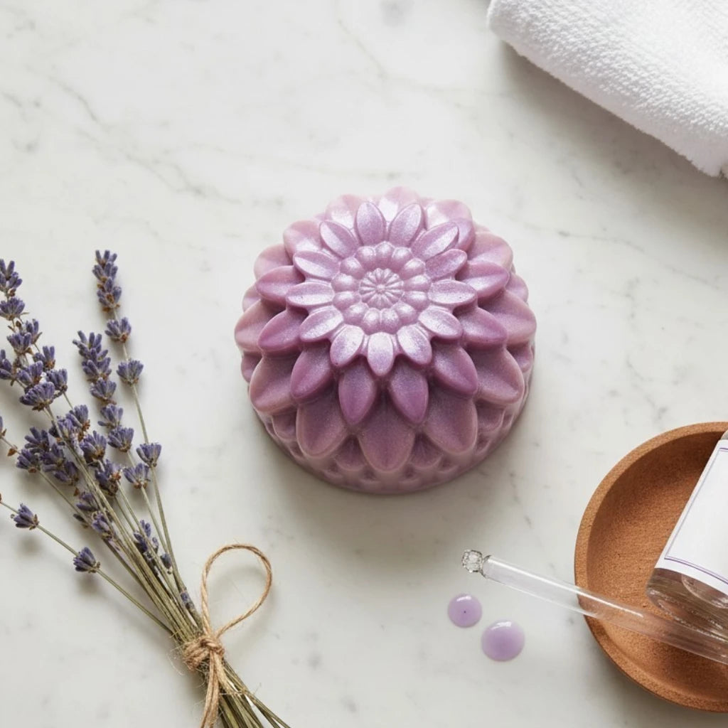 A lavender-colored, flower-shaped handmade soap sits on a white marble surface styled with dried lavender sprigs, a folded white towel, a small wooden dish, and a glass dropper.