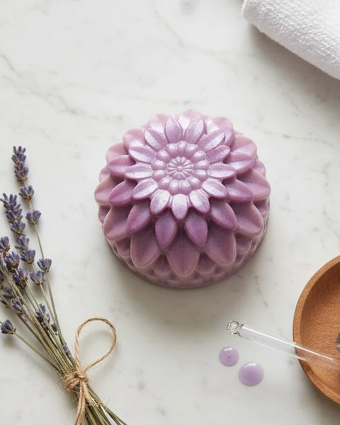A lavender-colored, flower-shaped handmade soap sits on a white marble surface styled with dried lavender sprigs, a folded white towel, a small wooden dish, and a glass dropper.