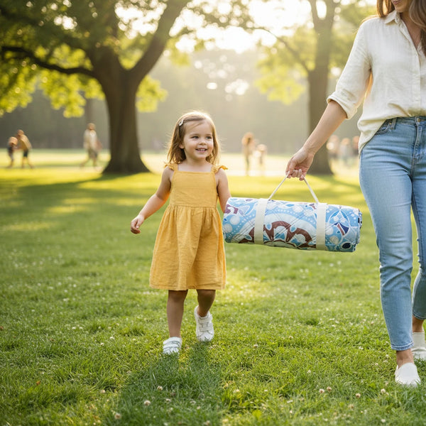 Woman and child walking in a park with a rolled-up picnic mat