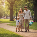 Family of three with a flower pattern picnic mat walking in a park.