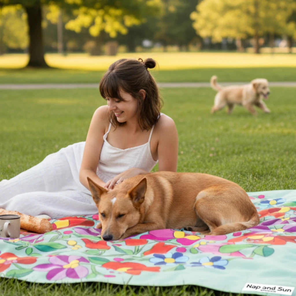 Woman with a dog on a floral blanket in a park
