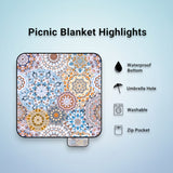 Colorful mandala patterned picnic blanket with features listed on a light blue background