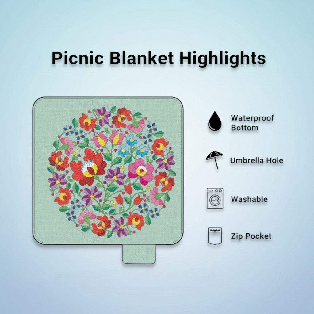 flower-patterned picnic blanket displayed fully stretched out. Text overlay highlights features: waterproof bottom, umbrella hole, washable, zip pocket