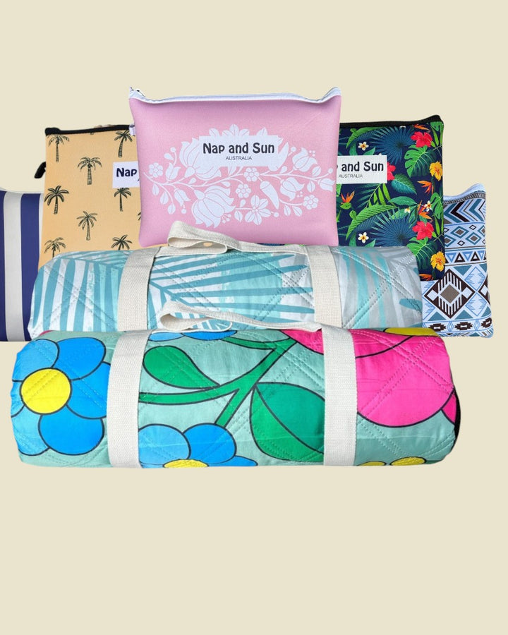 Nap and Sun Brand picnic blankets and quick-dry beach towels shown together – waterproof, sand-free, and bundle ready for outdoor adventures. Text is Bundle and Save