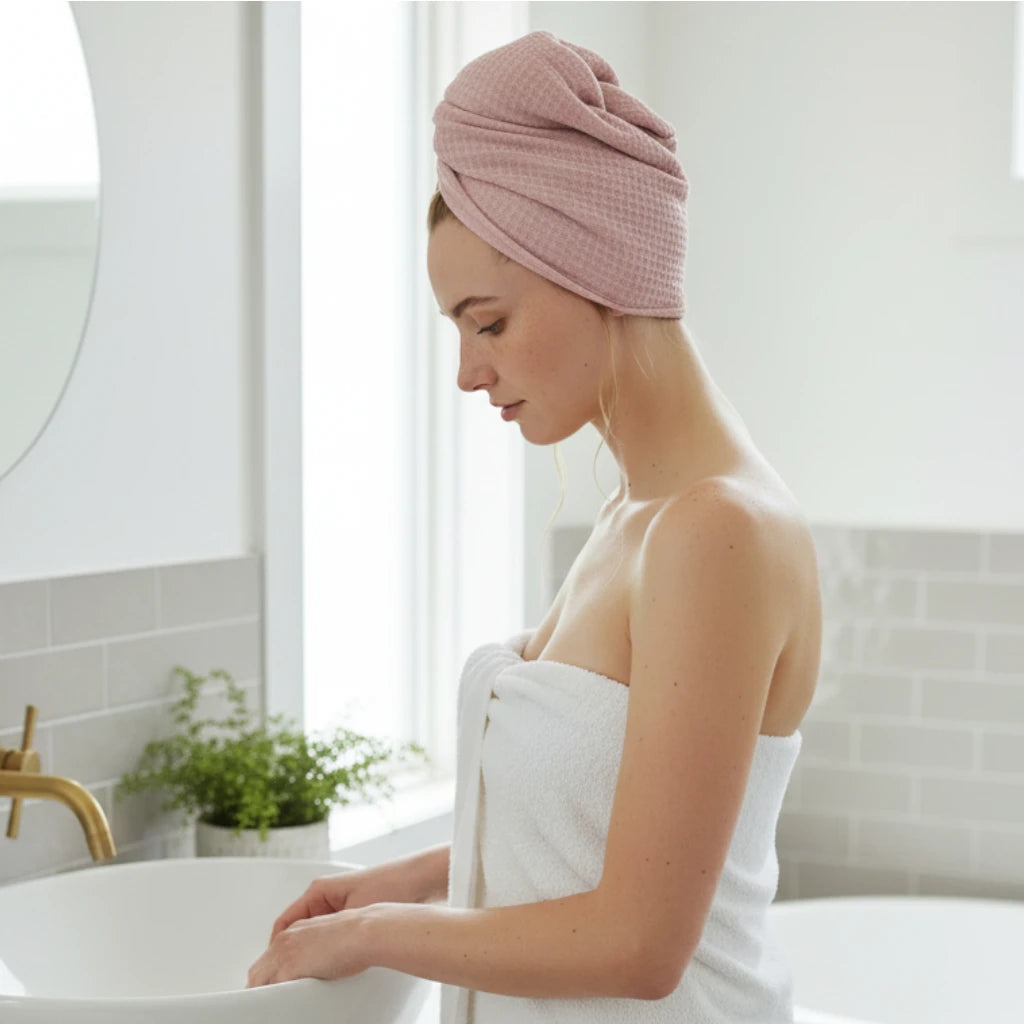 Woman with a pink hair towel on her head and white towel around her shoulders in a bathroom.