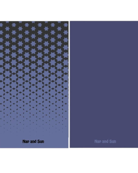 Blue gym towel with a black star pattern on the front, solid blue colour on the back.