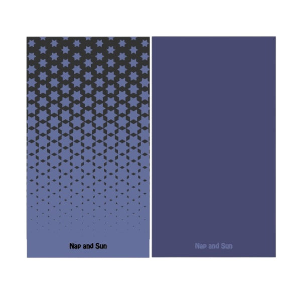 Blue gym towel with a black star pattern on the front, solid blue colour on the back.