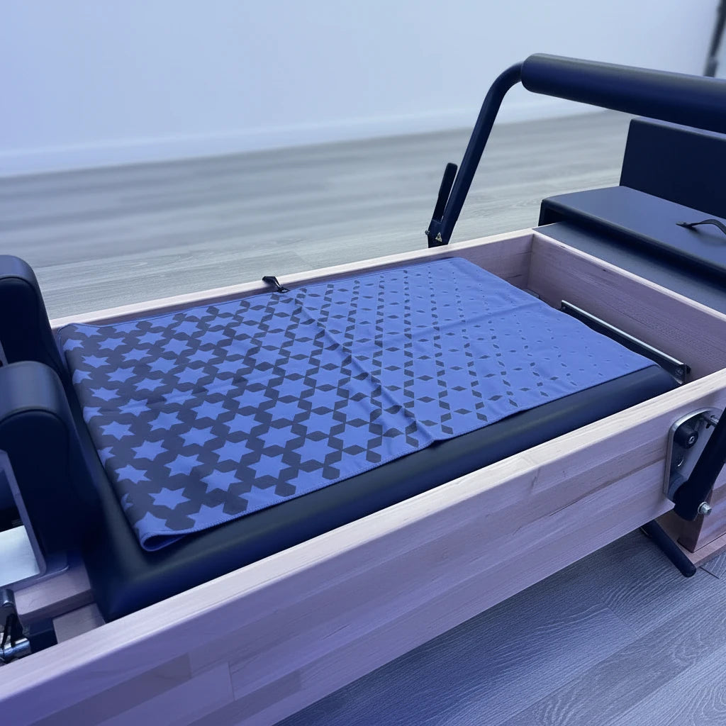 Blue patterned towel on a reformer in a pilates studio