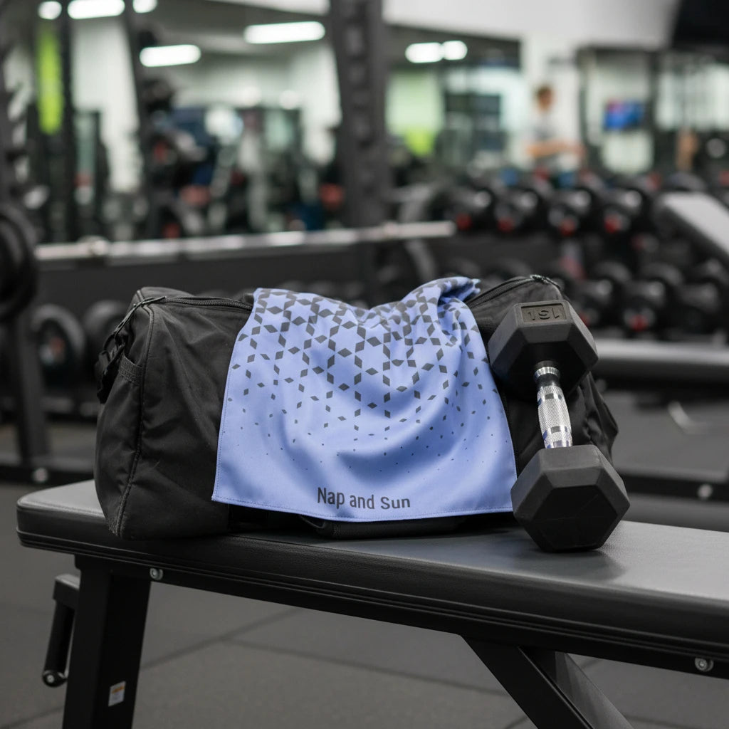 Blue patterned gym towel on a black gym bag with a dumbbell on a bench in the gym. 