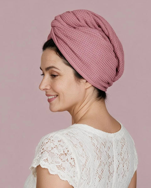 Woman wearing a dusty pink waffle wave hair wrap with a white lace top against a pink background.