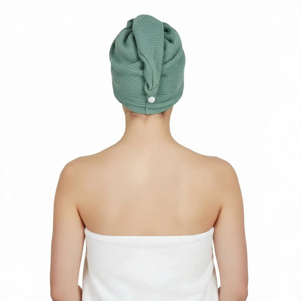 A person shown from the back wearing a textured sage green hair towel wrapped around their hair, with a white towel visible below.