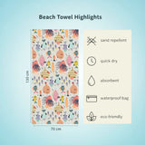 Fish pattern kids beach towel features listed on a light blue background.