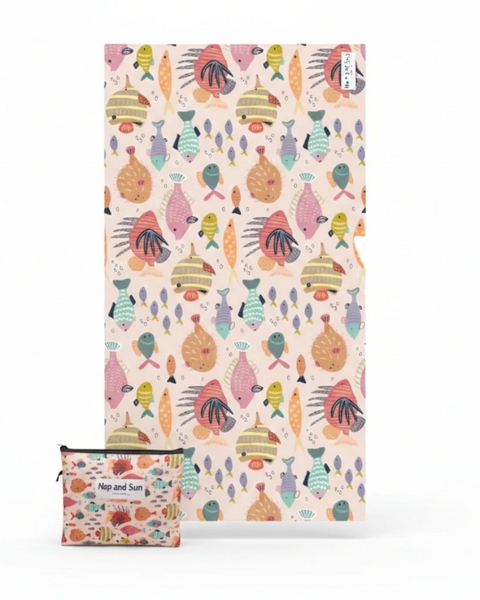 Colorful fish-patterned towel with a matching pouch on a white background