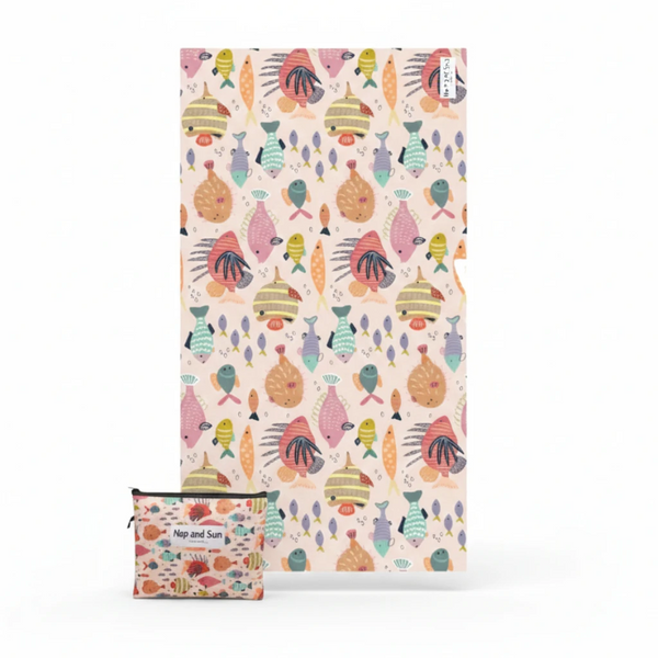 Colorful fish-patterned towel with a matching pouch on a white background