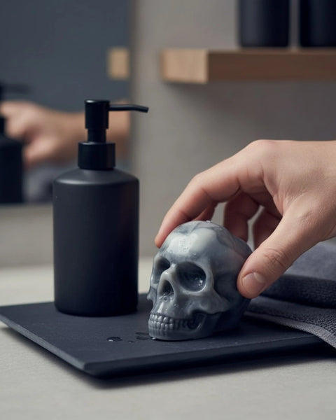 A hand holds a gray skull-shaped soap dish next to a matte black pump bottle on a dark tray, with a gray towel draped over the edge in a bathroom setting.