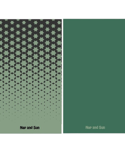 Green gym towel featuring a black star pattern on the front, solid green color on the back