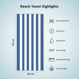 Stripe blue white beach towel with dimensions and features.