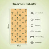 Palm tree pattern beach towel features listed on ligh yellow background