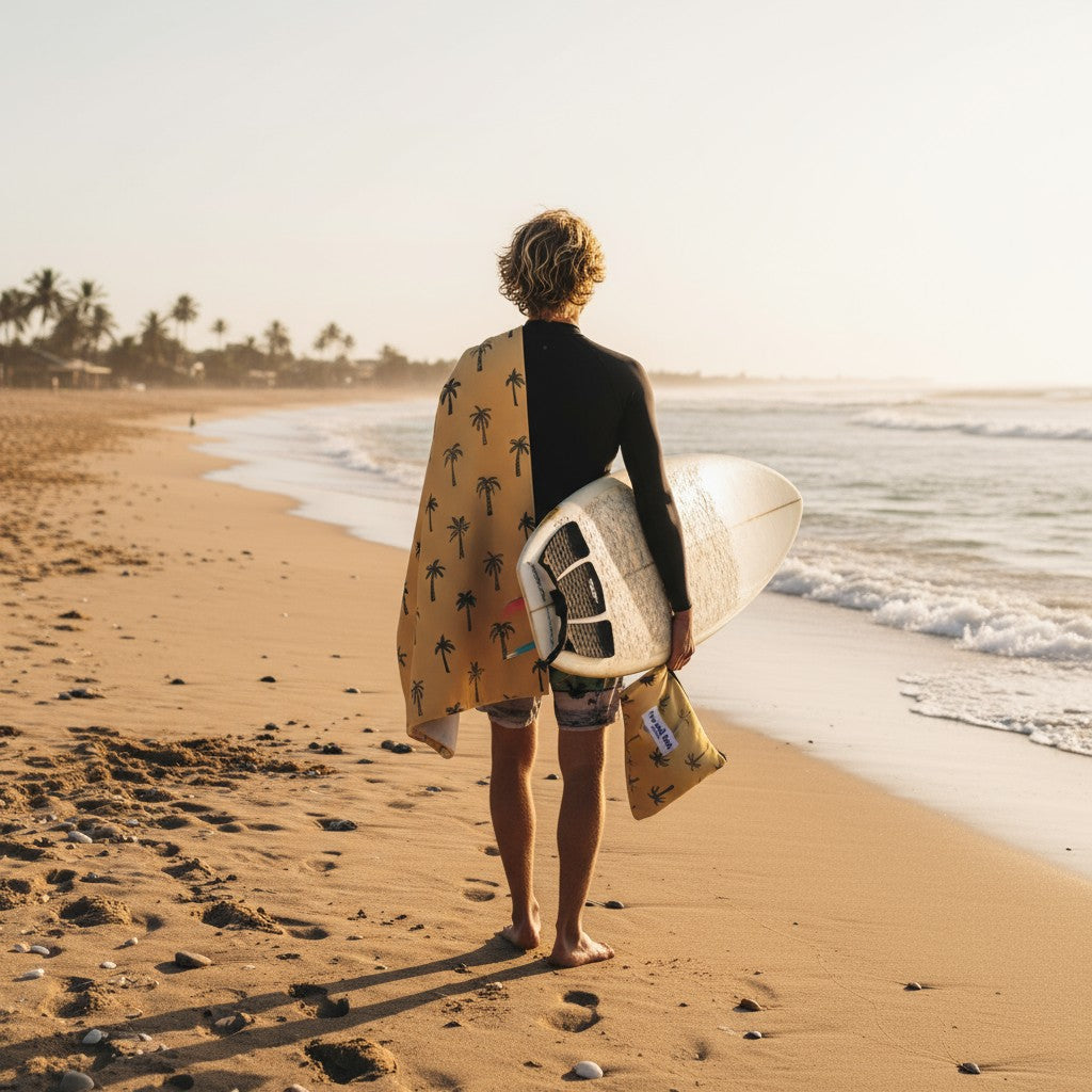 Person with a surfboard and towel walking on a beach at sunset