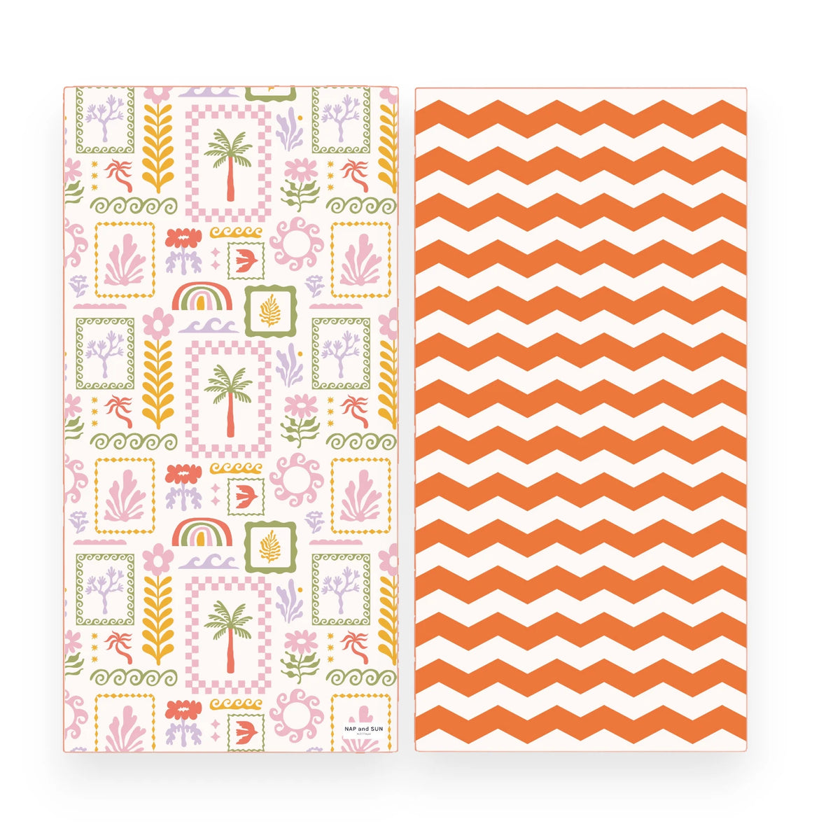 Two sides of a beach towel shown side by side on a white background. The left side has a pastel tropical and boho pattern with palm trees, flowers, rainbows, and geometric frames on a white base. Right side has a zig-zag horizontal lines in orange colour.