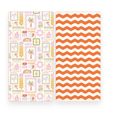 Two sides of a beach towel shown side by side on a white background. The left side has a pastel tropical and boho pattern with palm trees, flowers, rainbows, and geometric frames on a white base. Right side has a zig-zag horizontal lines in orange colour.