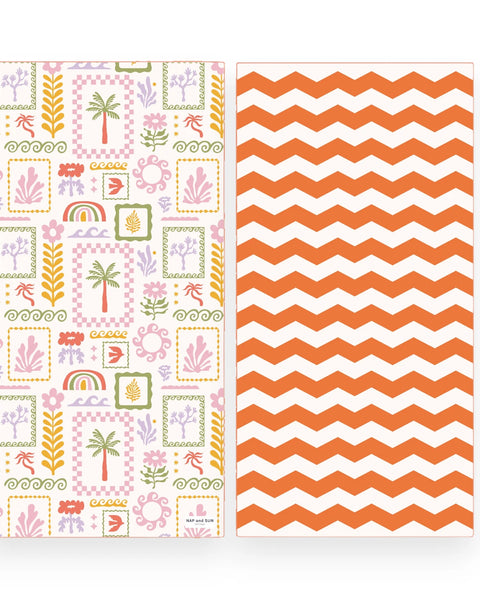 Two sides of a beach towel shown side by side on a white background. The left side has a pastel tropical and boho pattern with palm trees, flowers, rainbows, and geometric frames on a white base. Right side has a zig-zag horizontal lines in orange colour.