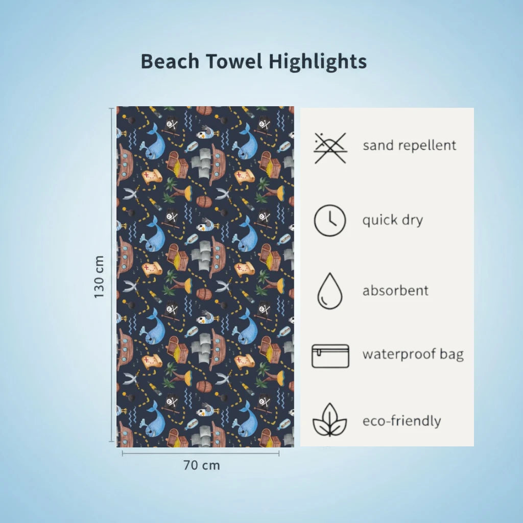 Pirate theme kids beach towel features listed on a blue background.