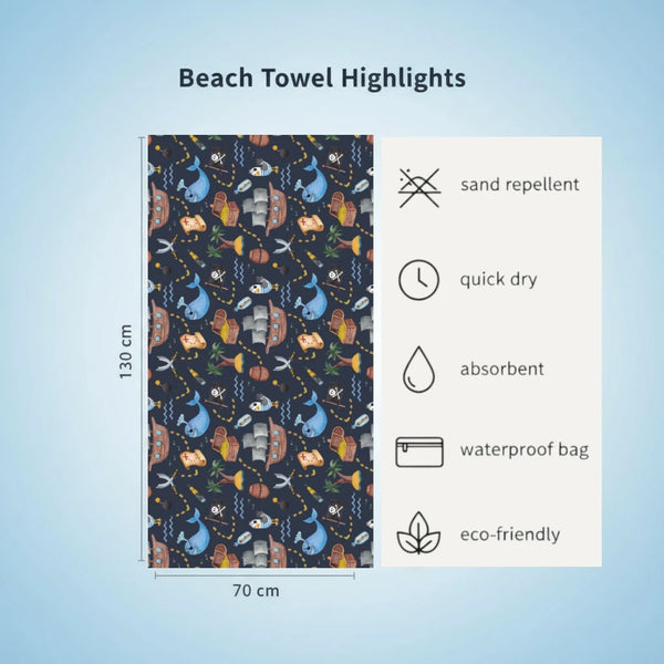 Pirate theme kids beach towel features listed on a blue background.