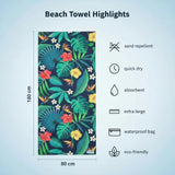 Beach towel with tropical leaf pattern and product features on a light blue background