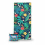 Tropical leaf patterned towel with a matching pouch on a white background