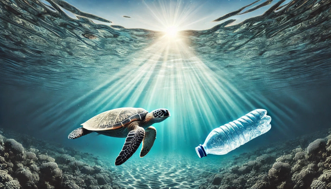 Sea turtle swimming in clear ocean water with a floating plastic water bottle nearby.