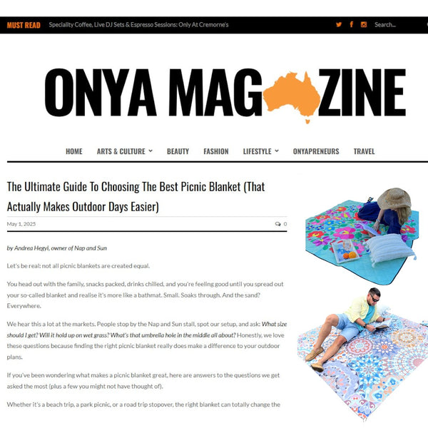 Screenshot of Nap and Sun feature article in Onya Magazine highlighting eco-friendly picnic blankets