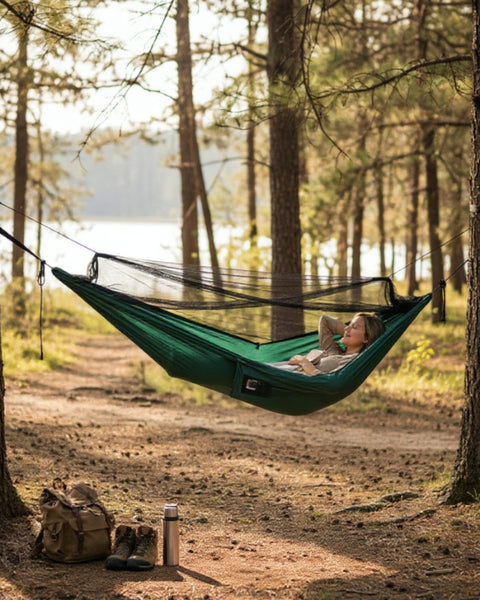 Person relaxing in a green bug net hammock between two trees in a forest.