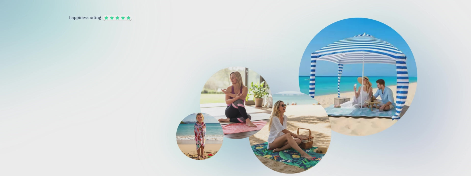 short video of a beach setup with a cabana and picnci blanket and images of people covered in beach towels