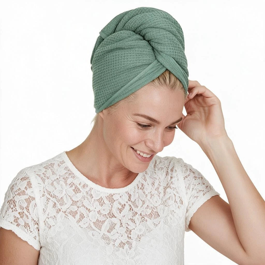 A woman wearing a textured sage green waffle towel turban, styled with a white lace top against a solid white background.